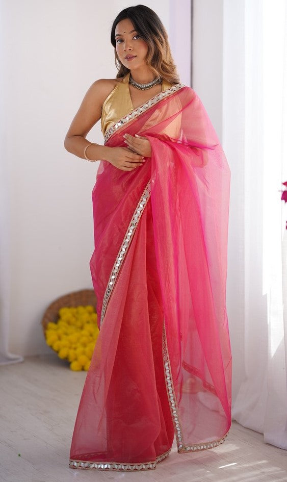 Splendid Pink Color Net Fabric Casual Saree