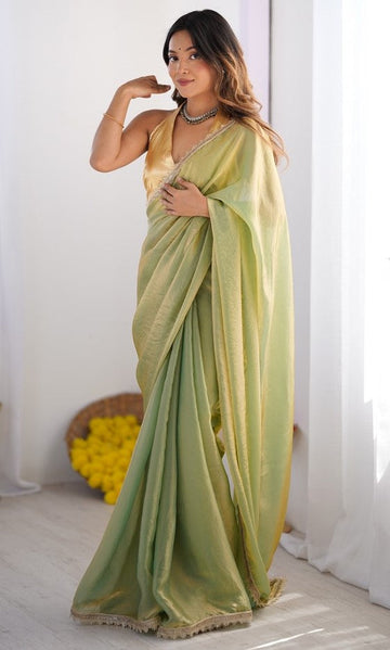 Splendid Green Color Organza Fabric Casual Saree