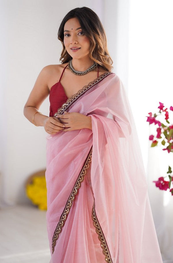 Splendid Pink Color Net Fabric Casual Saree