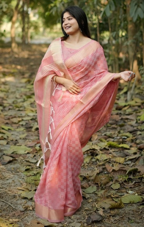 Amazing Peach Color Silk Fabric Casual Saree