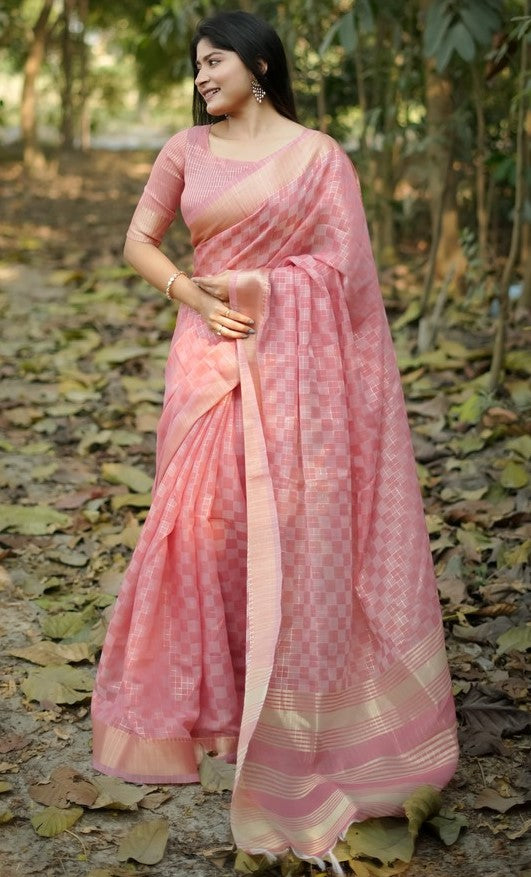 Amazing Peach Color Silk Fabric Casual Saree