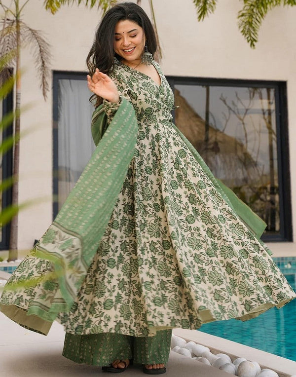 Divine Green Color Cotton Fabric Designer Suit