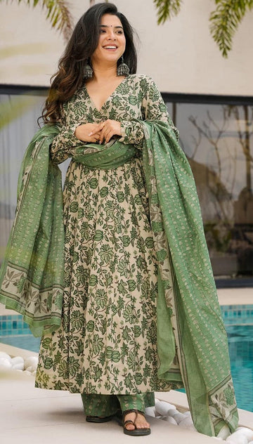 Divine Green Color Cotton Fabric Designer Suit