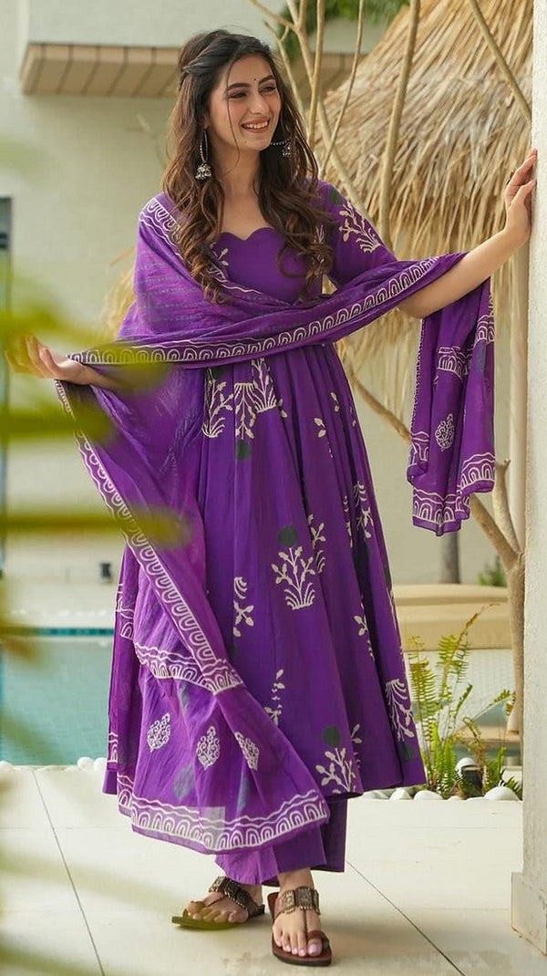 Divine Purple Color Cotton Fabric Designer Suit