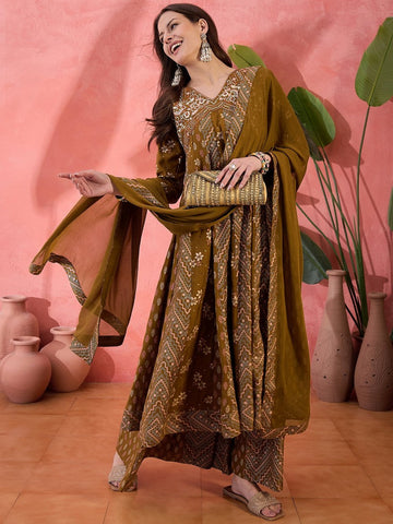 Amazing Brown Color Silk Fabric Plazzo Suit