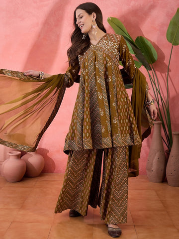 Amazing Brown Color Silk Fabric Plazzo Suit
