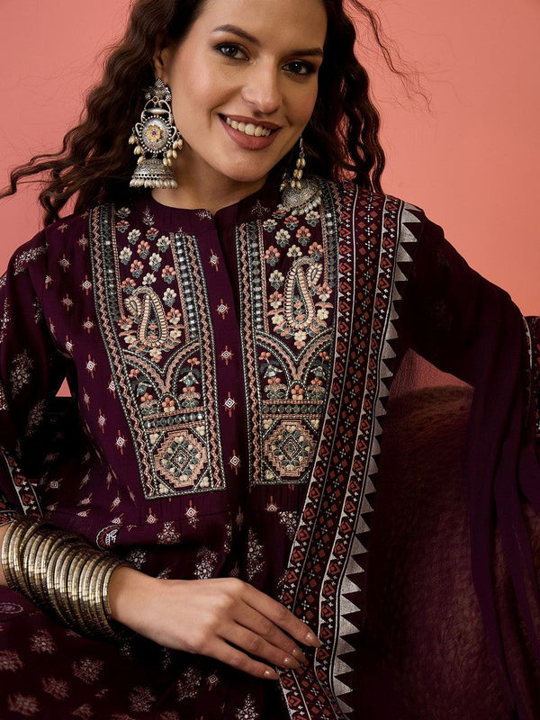 Amazing Wine Color Silk Fabric Plazzo Suit