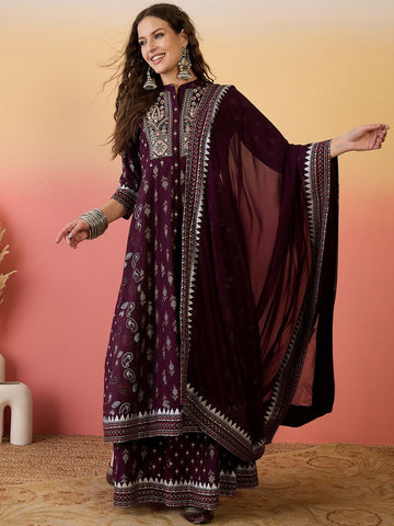 Amazing Wine Color Silk Fabric Plazzo Suit