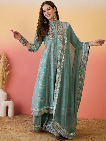 Amazing Green Color Silk Fabric Plazzo Suit