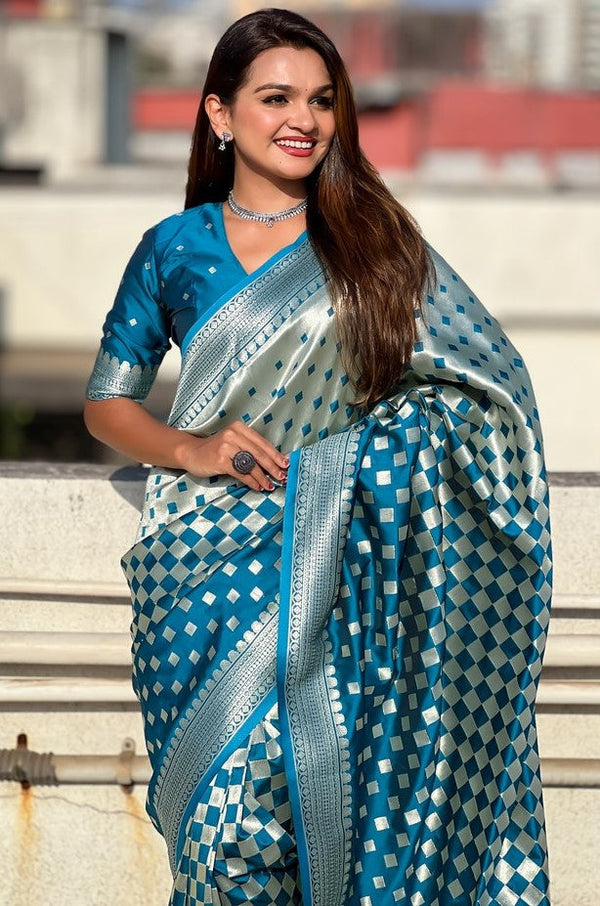 Ideal Teal Color Banarasi Fabric Partywear Saree