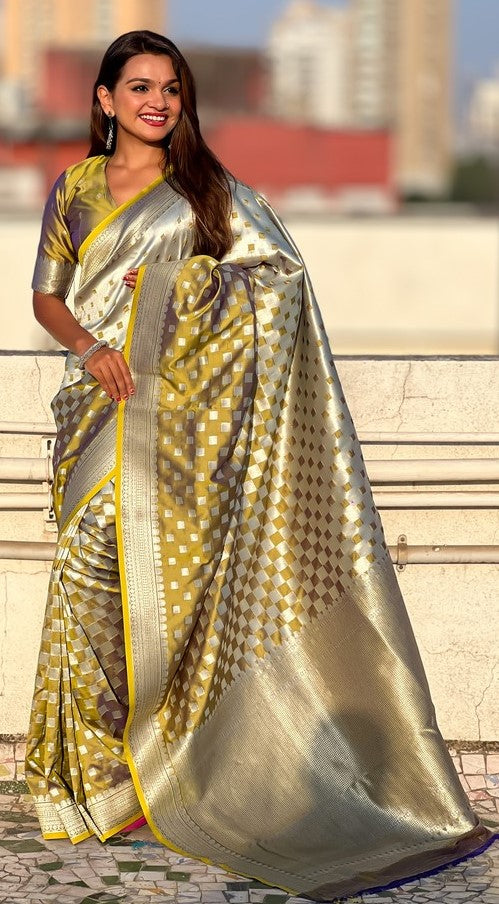 Ideal Yellow Color Banarasi Fabric Partywear Saree