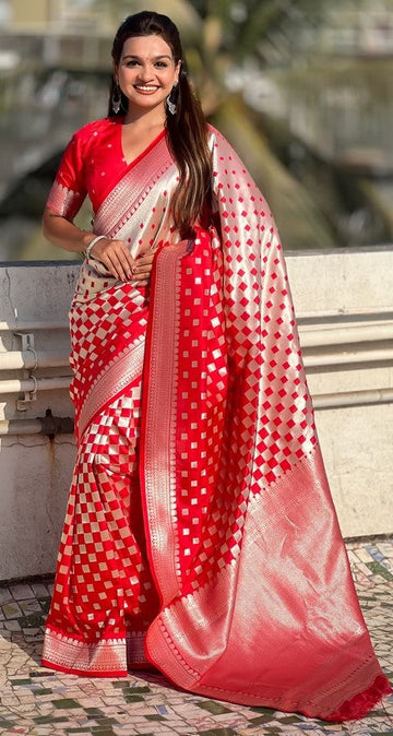 Ideal Red Color Banarasi Fabric Partywear Saree