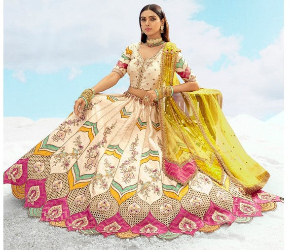 Divine Cream Color Silk Fabric Party Wear Lehenga