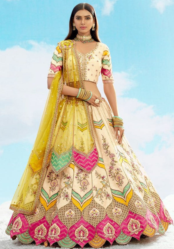Divine Cream Color Silk Fabric Party Wear Lehenga