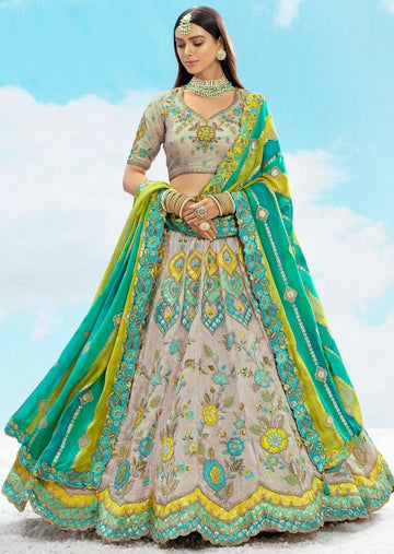 Divine Grey Color Silk Fabric Party Wear Lehenga