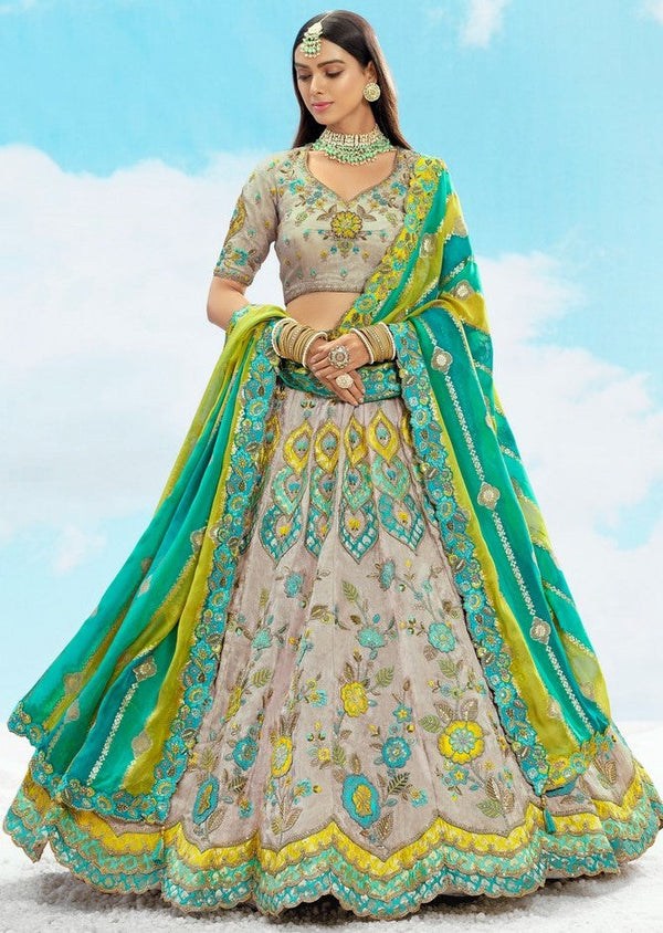 Divine Grey Color Silk Fabric Party Wear Lehenga