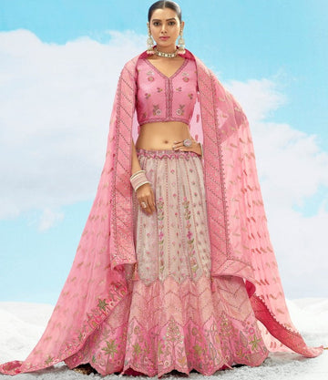 Divine Pink Color Silk Fabric Party Wear Lehenga