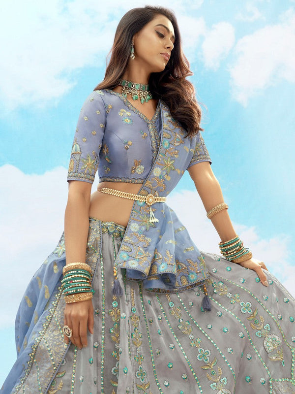 Divine Grey Color Silk Fabric Party Wear Lehenga
