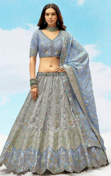 Divine Grey Color Silk Fabric Party Wear Lehenga