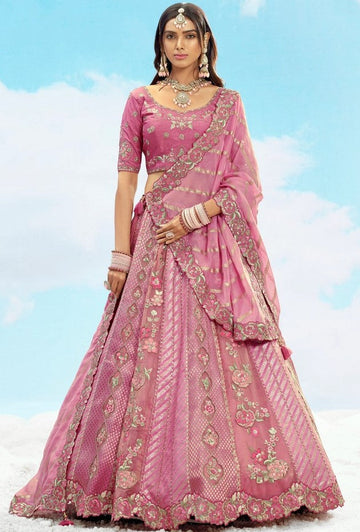 Divine Pink Color Silk Fabric Party Wear Lehenga