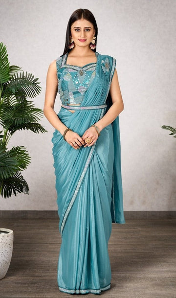 Pretty Aqua Color Georgette Fabric Readymade Saree