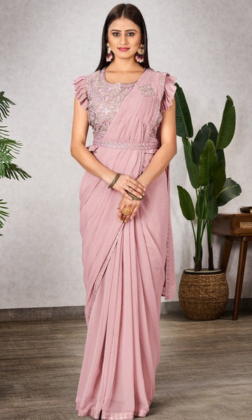 Pretty Pink Color Georgette Fabric Readymade Saree
