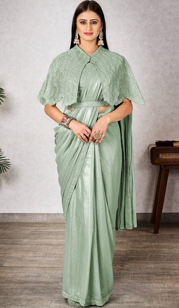 Pretty Green Color Georgette Fabric Readymade Saree