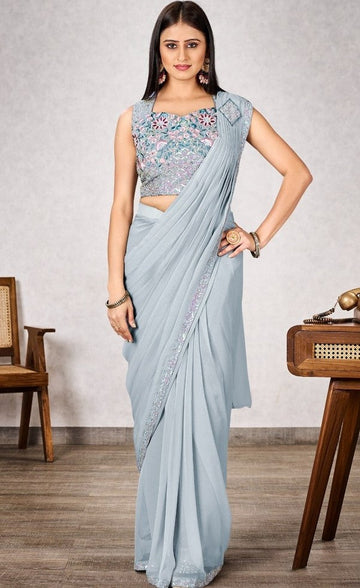 Pretty Grey Color Georgette Fabric Readymade Saree