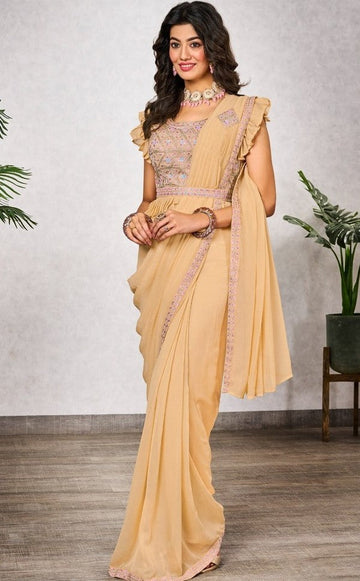 Pretty Yellow Color Georgette Fabric Readymade Saree