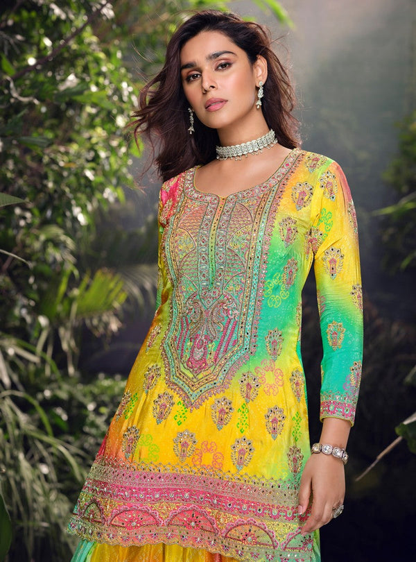 Tasteful Yellow Color Chinon Fabric Plazzo Suit