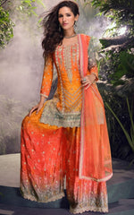 Tasteful Orange Color Chinon Fabric Plazzo Suit