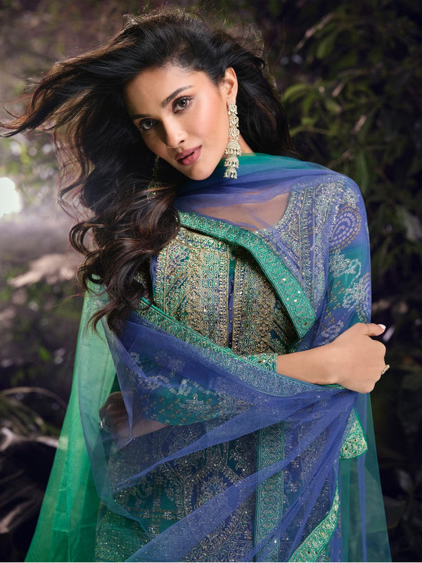 Tasteful Green Color Chinon Fabric Plazzo Suit