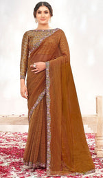 Wonderful Brown Color Silk Fabric Partywear Saree