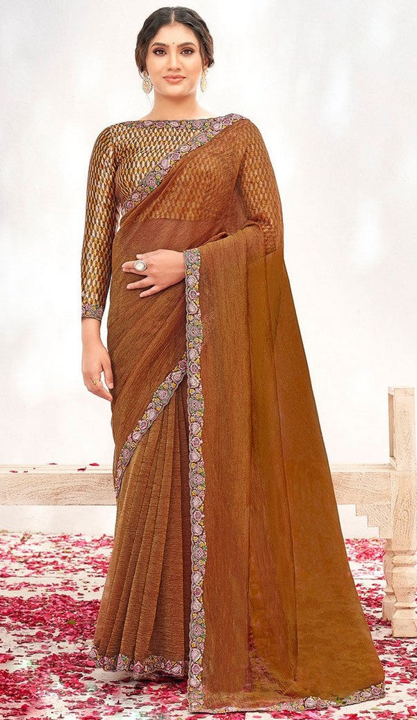 Wonderful Brown Color Silk Fabric Partywear Saree