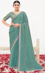 Wonderful Green Color Satin Fabric Partywear Saree