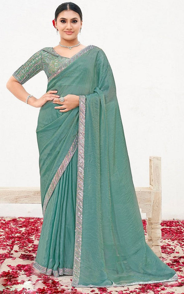 Wonderful Green Color Satin Fabric Partywear Saree