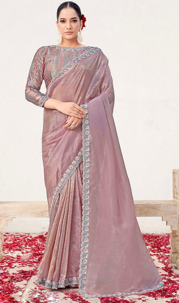 Wonderful Pink Color Silk Fabric Partywear Saree