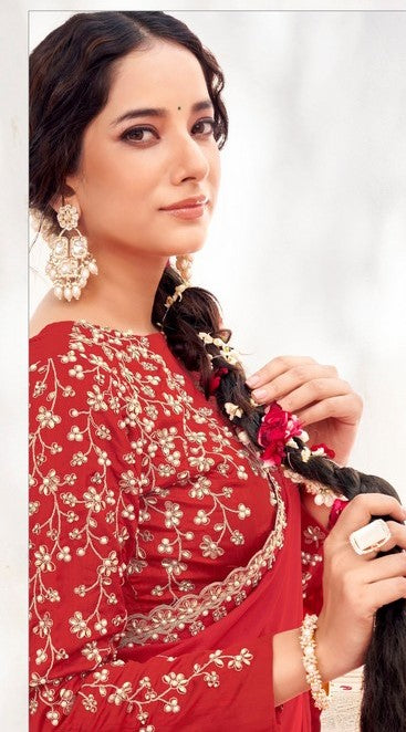 Wonderful Red Color Satin  Fabric Partywear Saree