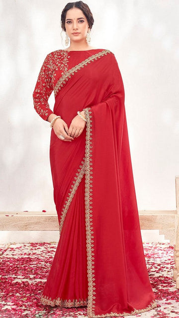 Wonderful Red Color Satin  Fabric Partywear Saree