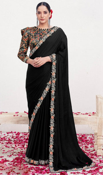 Wonderful Black Color Satin Fabric Partywear Saree
