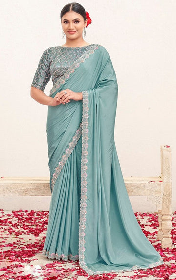 Wonderful Aqua Color  Crepe Fabric Partywear Saree