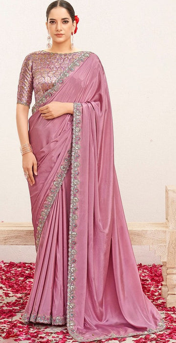 Wonderful Pink Color  Crepe Fabric Partywear Saree