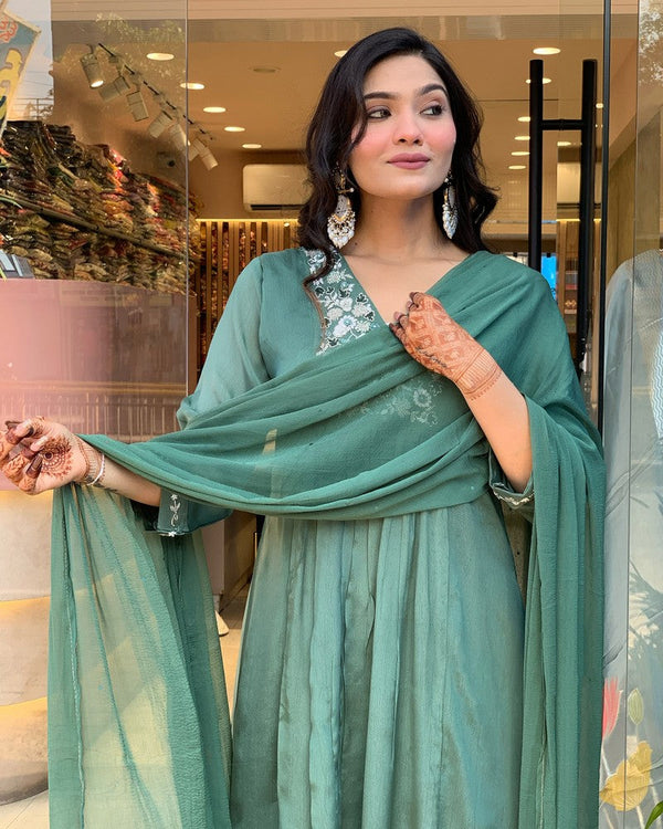 Divine Green Color Chinon Fabric Designer Suit