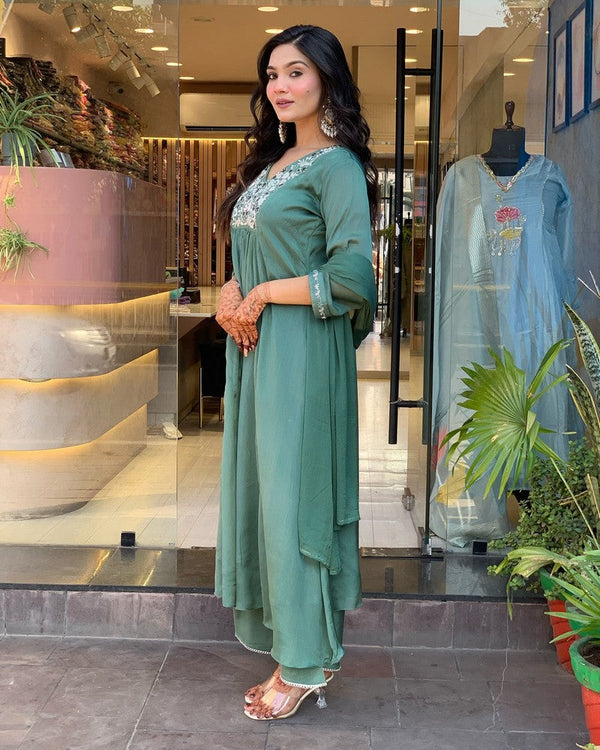 Divine Green Color Chinon Fabric Designer Suit