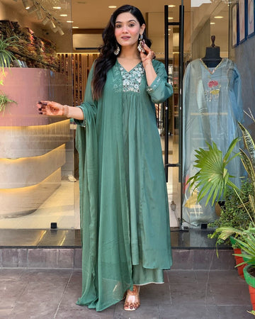 Divine Green Color Chinon Fabric Designer Suit