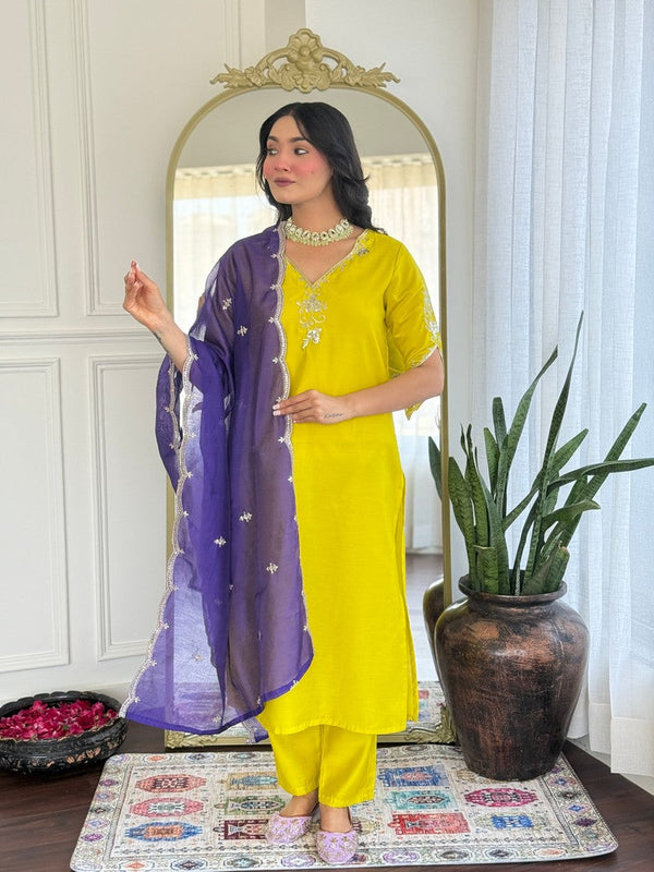 Divine Yellow Color Chanderi Fabric Designer Suit
