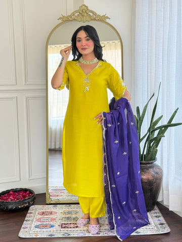 Divine Yellow Color Chanderi Fabric Designer Suit