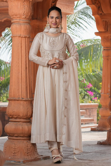 Divine Cream Color Vichitra Fabric Designer Suit