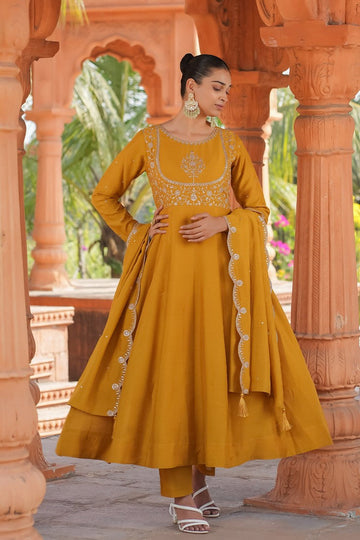 Divine Mustard Color Vichitra Fabric Designer Suit