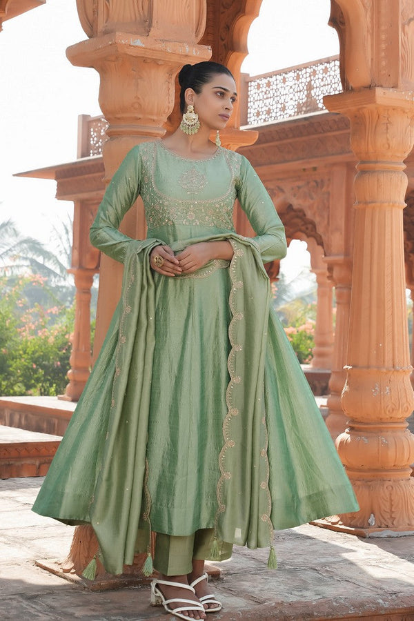 Divine Green Color Vichitra Fabric Designer Suit